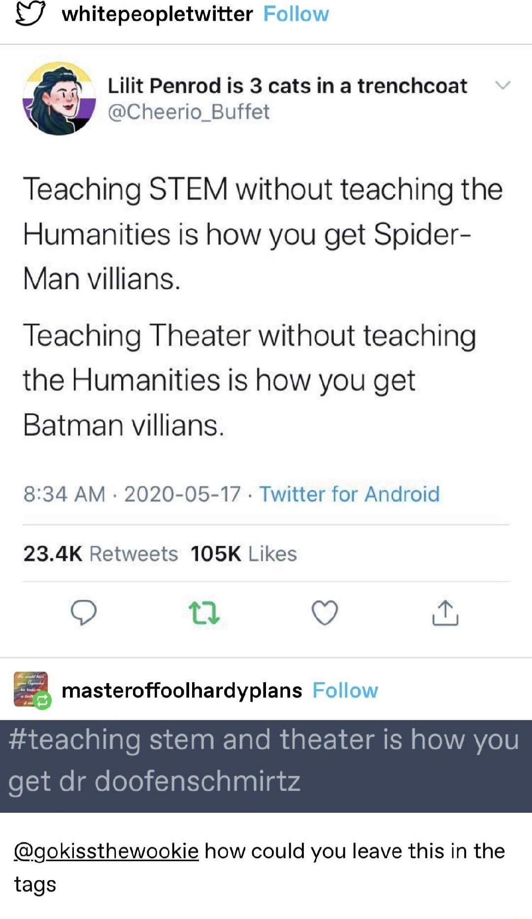 Lilit Penrod is 3 cats in a trenchcoat. Teaching STEM without teaching the Humanities is how you get Spider-Man villains. Teaching Theater without teaching the Humanities is how you get Batman villains. #teaching stem and theater is how you get dr doofenschmirtz. How could you leave this in the tags?