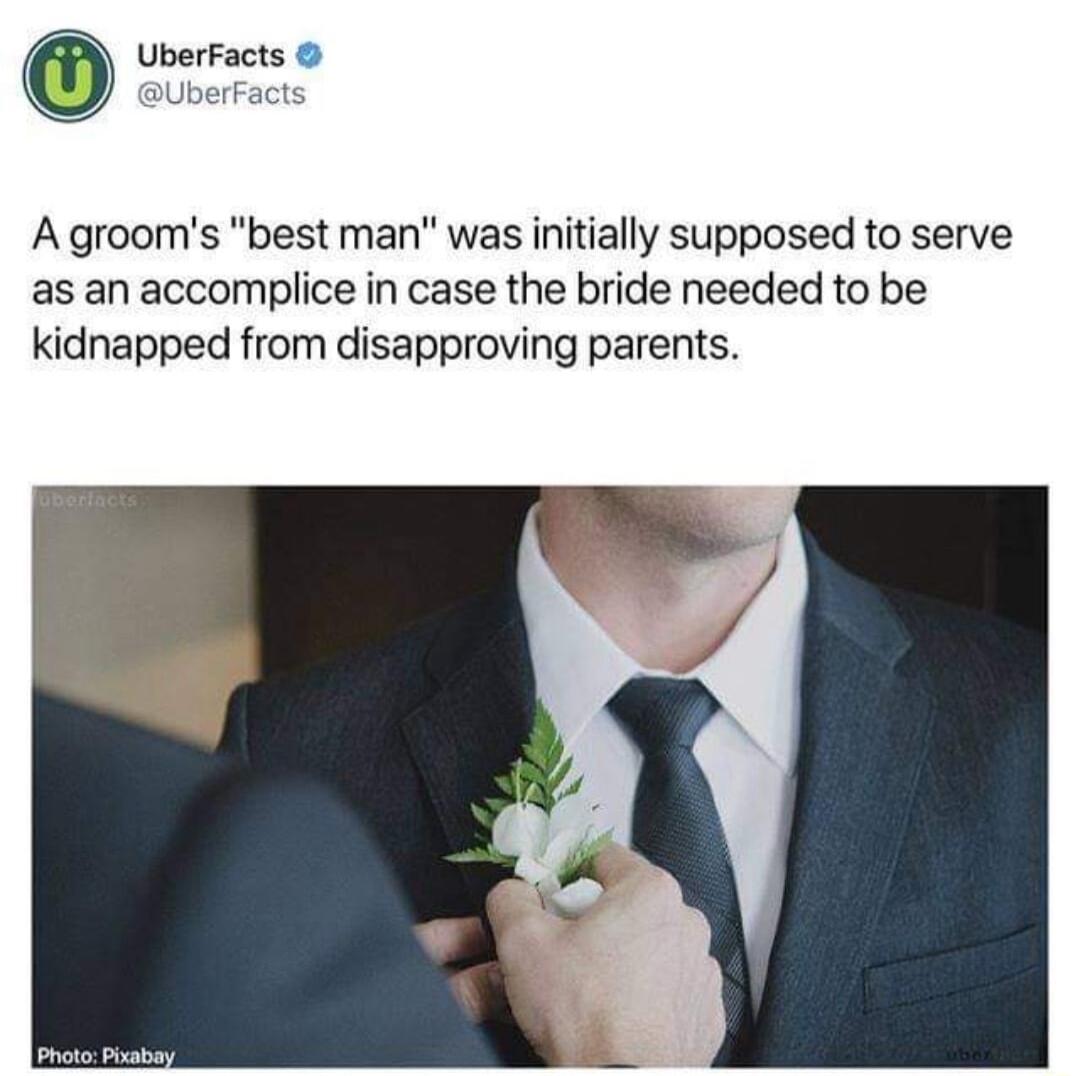 UberFacts A grooms best man was initially supposed to serve as an accomplice in case the bride needed to be kidnapped from disapproving parents