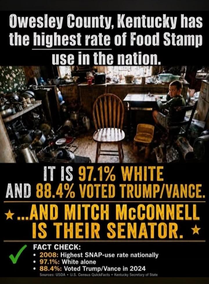 Owsley County, Kentucky has the highest rate of Food Stamp use in the nation. IT IS 97.1% WHITE AND 88.4% VOTED TRUMP/VANCE. ...AND MITCH MCCONNELL IS THEIR SENATOR. FACT CHECK: 2008: Highest SNAP-use rate nationally. 97.1%: White alone. 88.4%: Voted Trump/Vance in 2024. Sources: USDA • U.S. Census QuickFacts • Kentucky Secretary of State