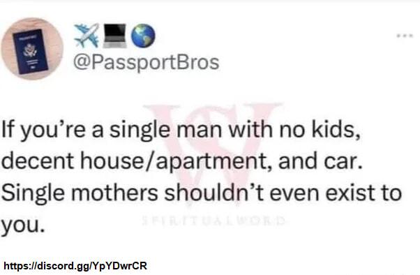 Q PassportBros If youre a single man with no kids decent houseapartment and car Single mothers shouldnt even exist to you httpsiidiscordggYpYDWICR