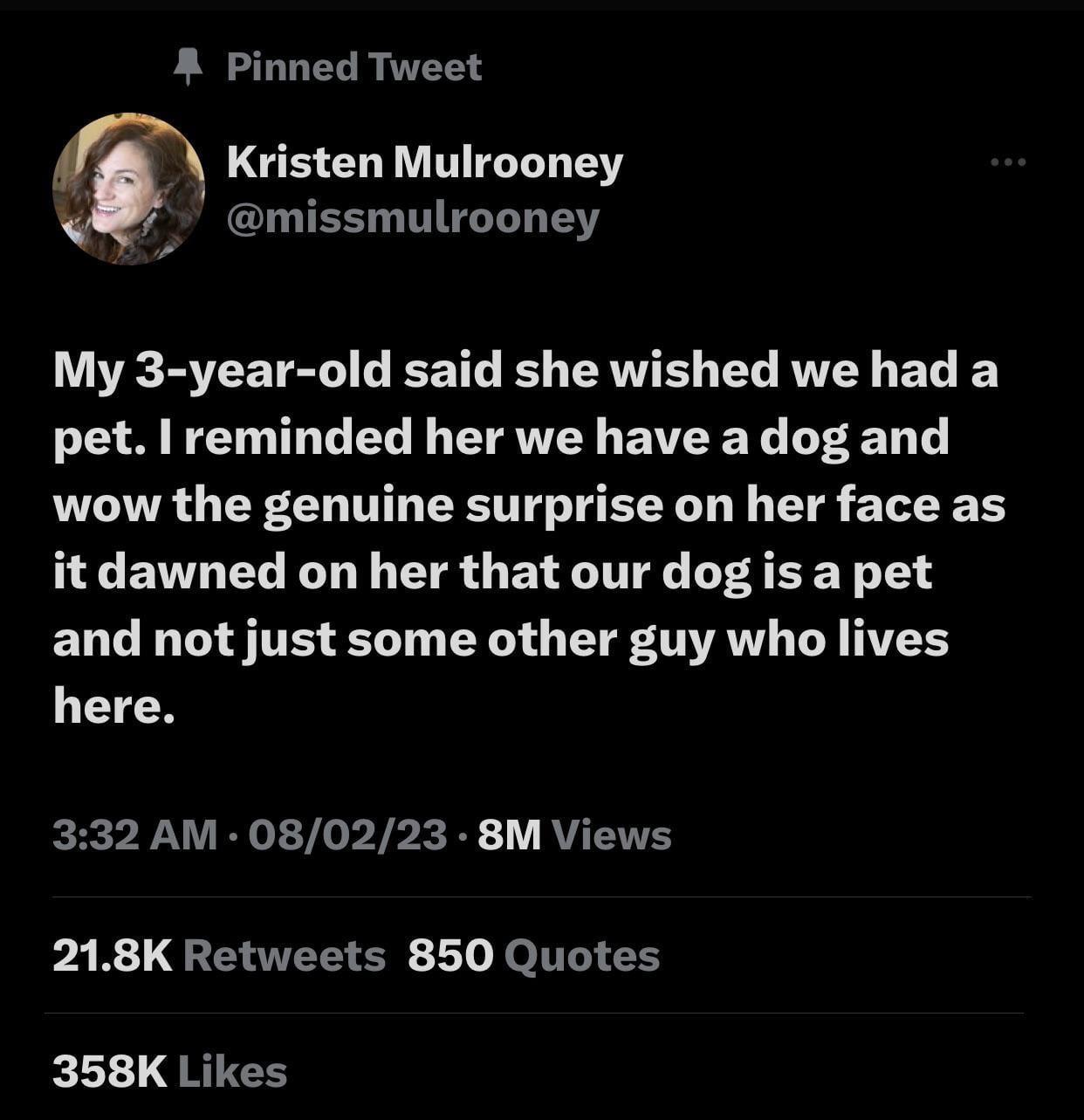 A Pinned Tweet Kristen Mulrooney Y missmulrooney LR SCETEULEE TG L EAELEL Y EL E pet reminded her we have a dog and wow the genuine surprise on her face as it dawned on her that our dog is a pet and not just some other guy who lives here 332 AM 080223 8M Views PR GEUEEIER Ll Lo T 1L QRIEE
