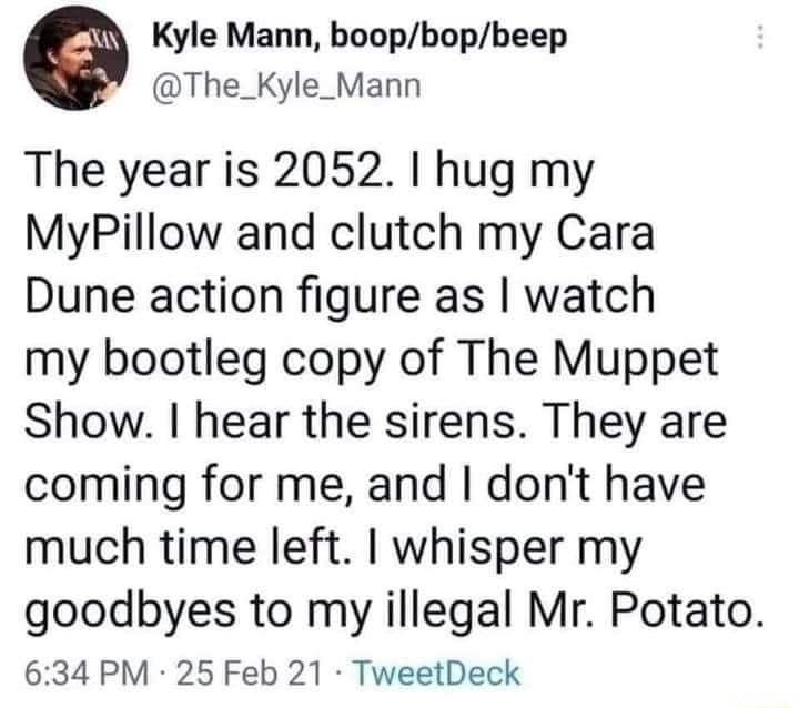 Kyle Mann boopbopbeep The_Kyle_Mann The year is 2052 hug my MyPillow and clutch my Cara Dune action figure as watch my bootleg copy of The Muppet Show hear the sirens They are coming for me and dont have much time left whisper my goodbyes to my illegal Mr Potato 634 PM 25 Feb 21 TweetDeck