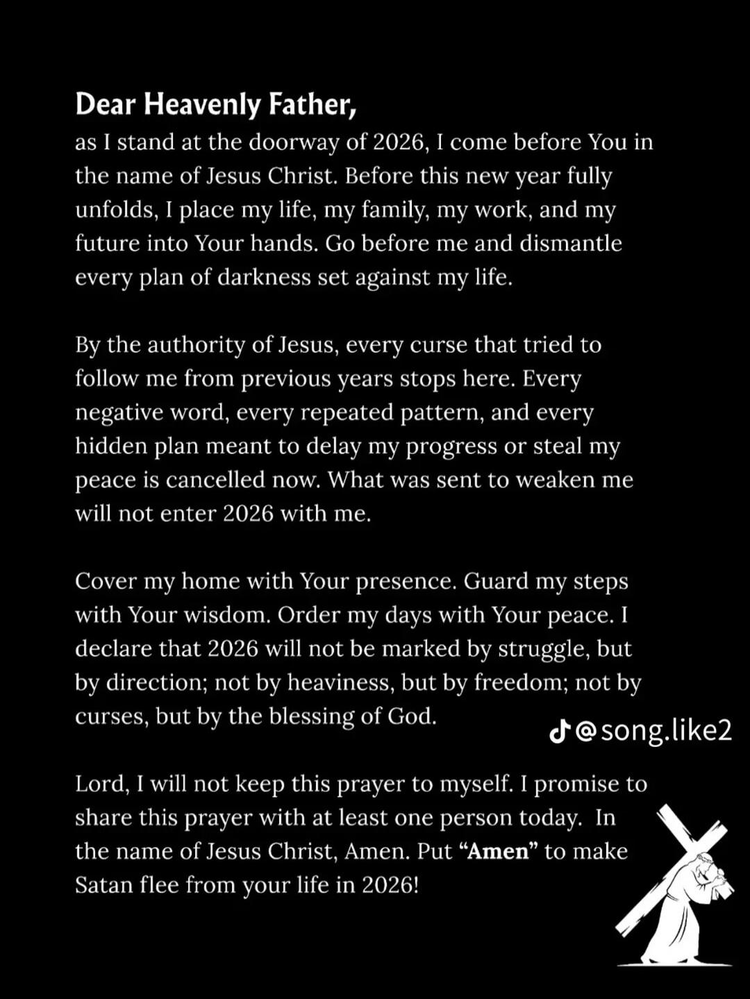 Dear Heavenly Father,

as I stand at the doorway of 2026, I come before You in the name of Jesus Christ. Before this new year fully unfolds, I place my life, my family, my work, and my future into Your hands. Go before me and dismantle every plan of darkness set against my life.

By the authority of Jesus, every curse that tried to follow me from p