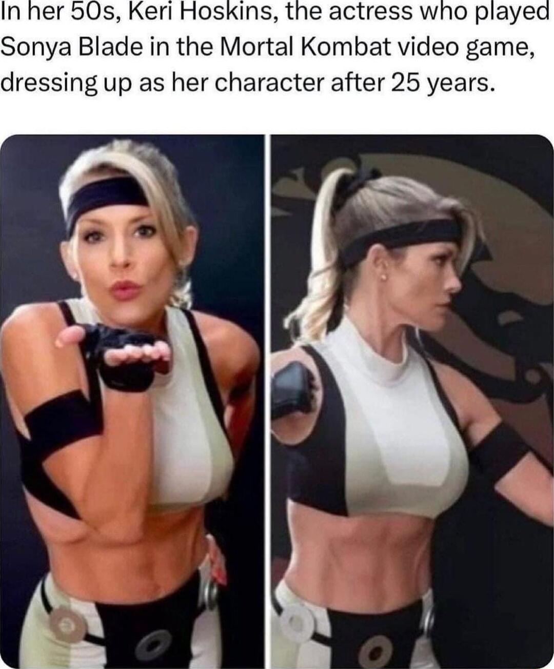 In her 50s Keri Hoskins the actress who played Sonya Blade in the Mortal Kombat video game dressing up as her character after 25 years