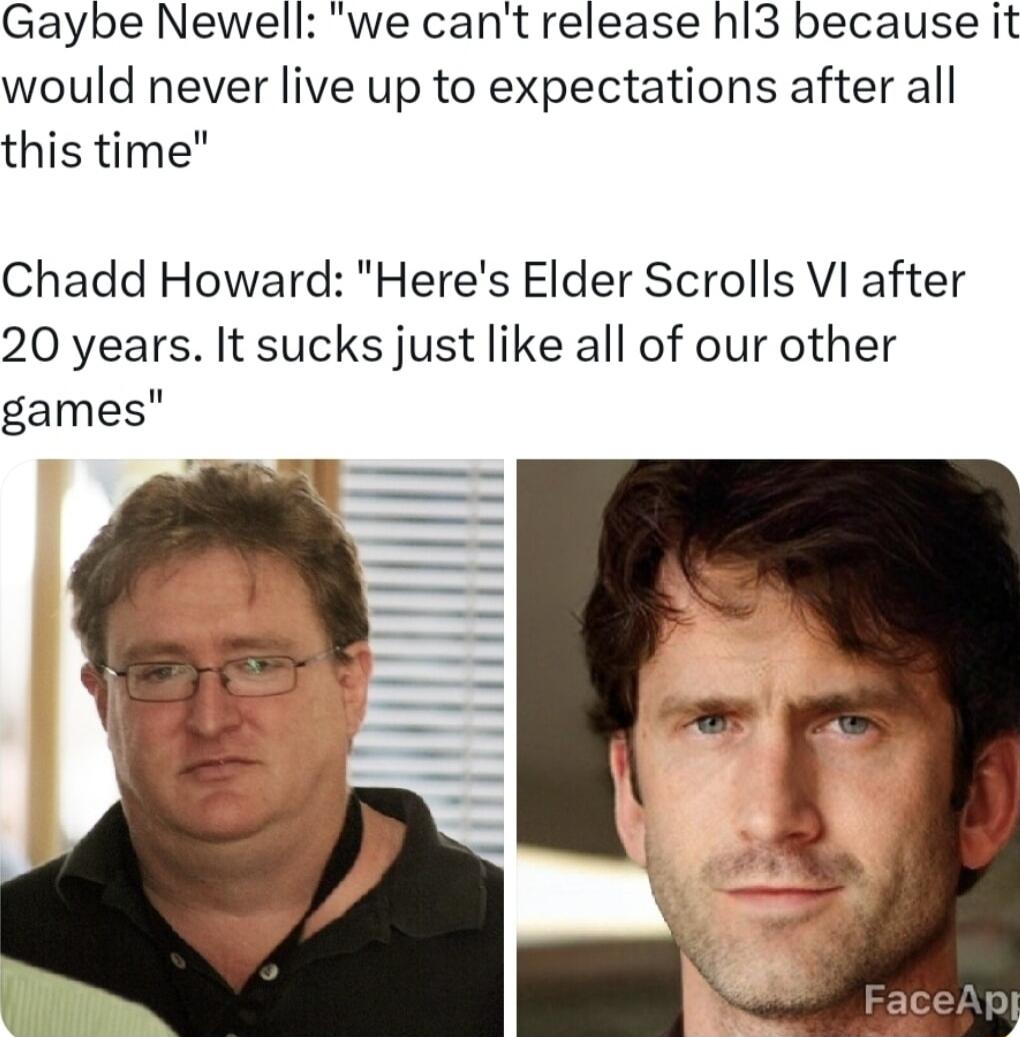 Gaybe Newell we cant release hl3 because it would never live up to expectations after all this time Chadd Howard Heres Elder Scrolls VI after 20 years It sucks just like all of our other