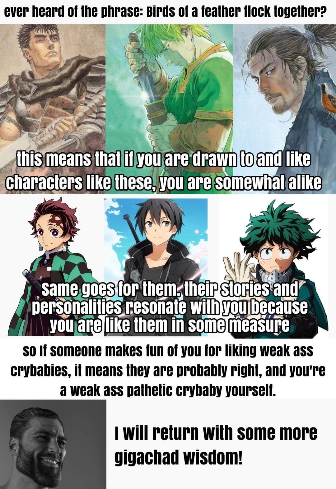 ever heard of lllu phrase Birds of a feather flock lllllll i Sa 1100S for Ihemlhml SIUI nEISOIeS IESUIIGIB with vouLIy_callse youjangJlike them ii in Some measure 0 I someone makes fun of you for liking weak ass crybabies it means they are probably right and youre a weak ass pathetic crybaby yourself 1 will return with some more gigachad wisdom