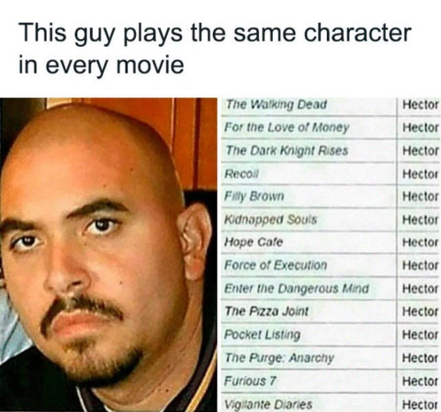 This guy plays the same character in every movie The Watkng Dead For the Love of Money The Dark Kngnt Rises Recol Fay Brown Kanapped Sous Hope Cate Force of Execution Enter the Dangerous tna The Pazo Jont Pocket Listing The Purge Anarcny Furious 7 Vigiante Daries Hector Hector Hector Hector Hector Hector Heetor Hector Hector Hector Hector Hector Hector Hector