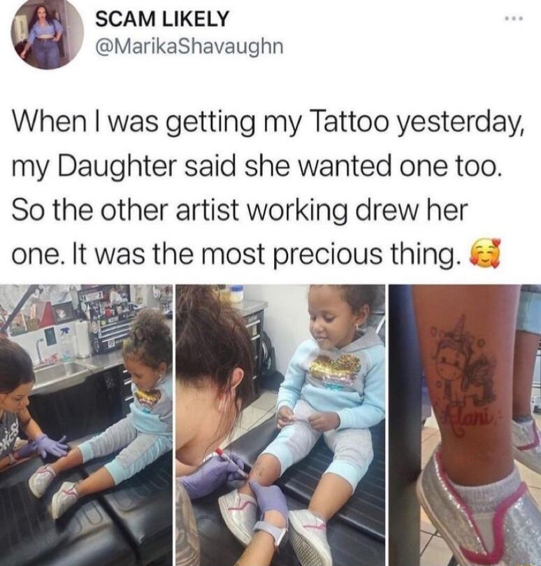 scamLIKELY MarikaShavaughn When was getting my Tattoo yesterday my Daughter said she wanted one too So the other artist working drew her one It was the most precious thing