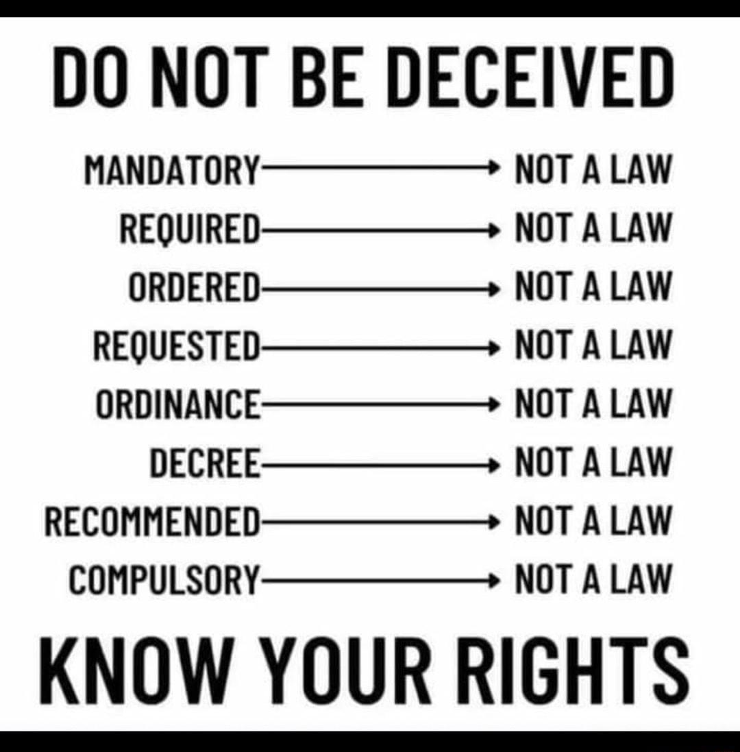 DO NOT BE DECEIVED MANDATORY NOT A LAW REQUIRED NOT A LAW ORDERED NOT A LAW REQUESTED NOT A LAW ORDINANCE NOT A LAW DECREE NOT A LAW RECOMMENDED NOT A LAW COMPULSORY NOT A LAW KNOW YOUR RIGHTS