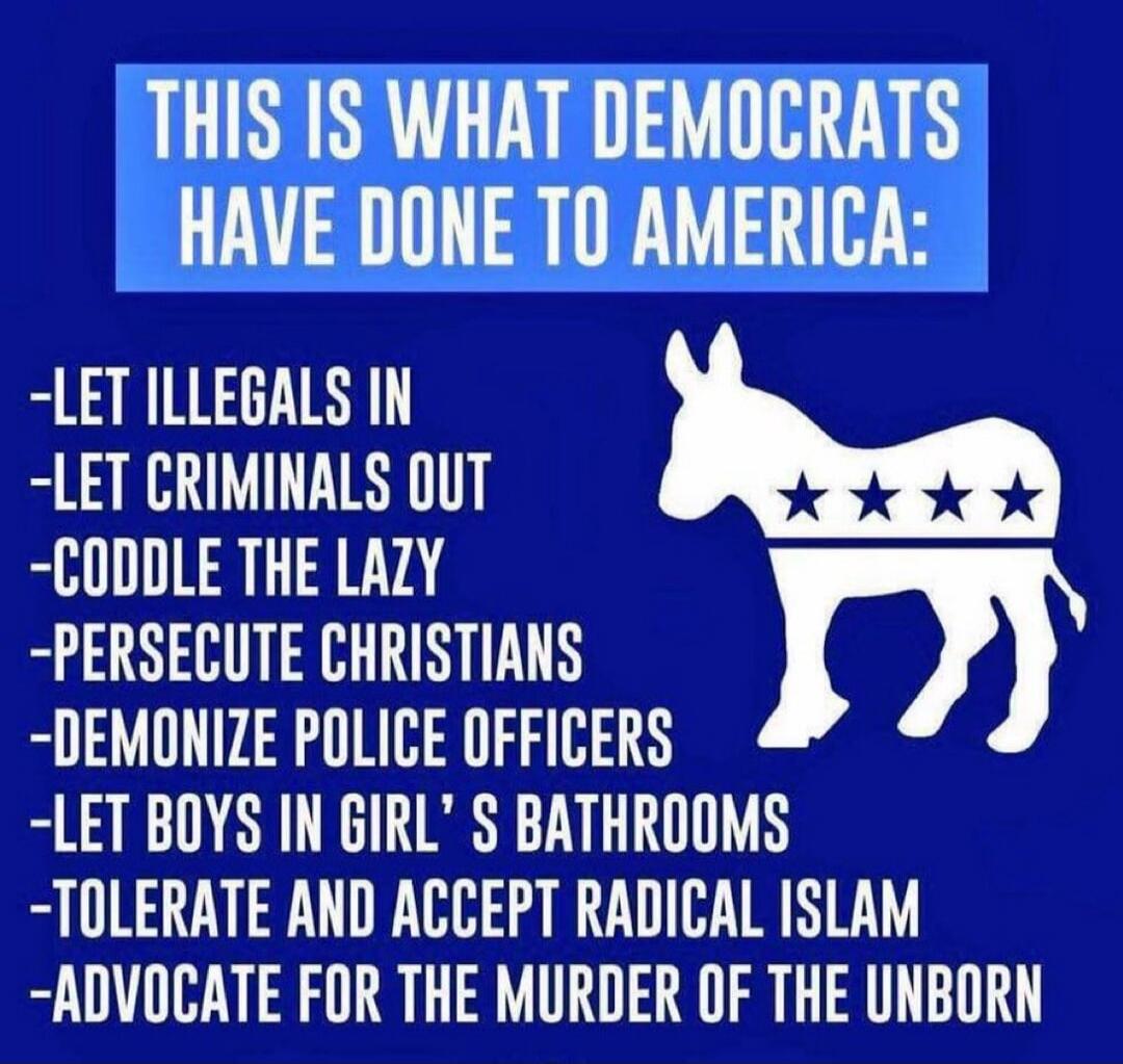 THIS IS WHAT DEMOCRATS HAVE DONE TO AMERICA:
- LET ILLEGALS IN
- LET CRIMINALS OUT
- CODDLE THE LAZY
- PERSECUTE CHRISTIANS
- DEMONIZE POLICE OFFICERS
- LET BOYS IN GIRL’S BATHROOMS
- TOLERATE AND ACCEPT RADICAL ISLAM
- ADVOCATE FOR THE MURDER OF THE UNBORN