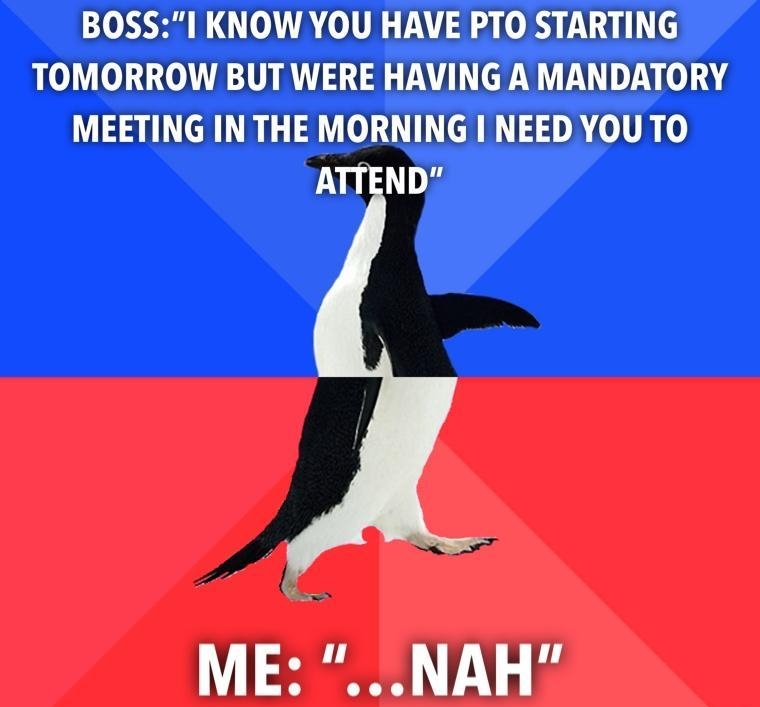BOSSI KNOW YOU HAVE PTO STARTING TOMORROW BUT WERE HAVING A MANDATORY MEETING IN THE MORNING NEED YOU TO ATTEND ME NAH