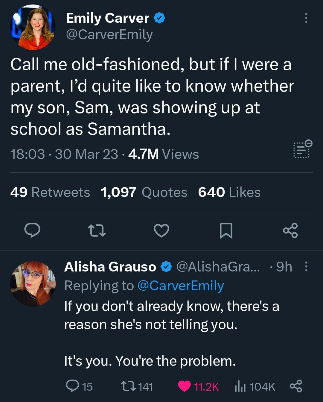 Emily Carver leTa 7l 111 Call me old fashioned but if were a parent Id quite like to know whether my son Sam was showing up at STl EERSEINE TN G N RO RcTo N VETI R By RV U aNT i Mo 7 O TTeT L 7 To N NTTEES O o Q A LIS EXCTETTEL R RGN E EleT SR m Replying to CarverEmily If you dont already know theres a reason shes not telling you Its you Youre the problem Ot1s W 12k 104K o