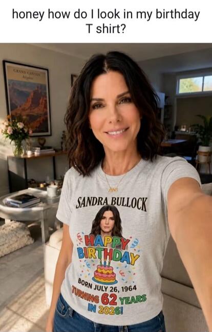 honey how do I look in my birthday T shirt? SANDRA BULLOCK HAPPY BIRTHDAY BORN JULY 26, 1964 TURNING 62 YEARS IN 2026!