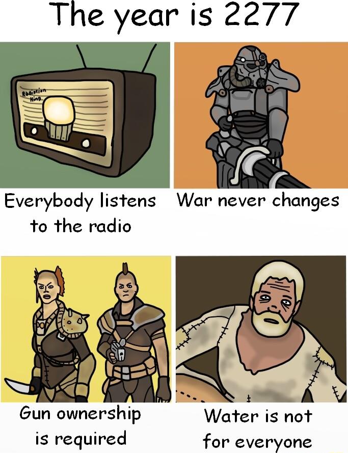 The year is 2277 Everybody listens War never changes to the radio Gun ownership quer is not is required for everyone