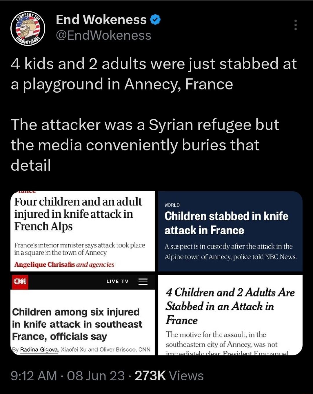End Wokeness Endwe 4 kids and 2 adults were just stabbed at a playground in Annecy France The attacker was a Syrian refugee but the media conveniently buries that detail Four childrenand anadult injured in knife attack in Children stabbed in knife French Alps attack in France Asispectsin ustodyafe the atackn the Alpioe town of Amecy plke ok NBC e 4 Children and 2 Adults Are Children among six inju