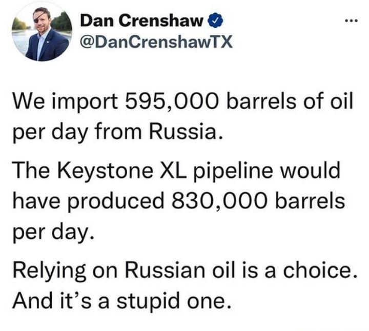 o Dan Crenshaw DanCrenshawTX We import 595000 barrels of oil per day from Russia The Keystone XL pipeline would have produced 830000 barrels per day Relying on Russian oil is a choice And its a stupid one