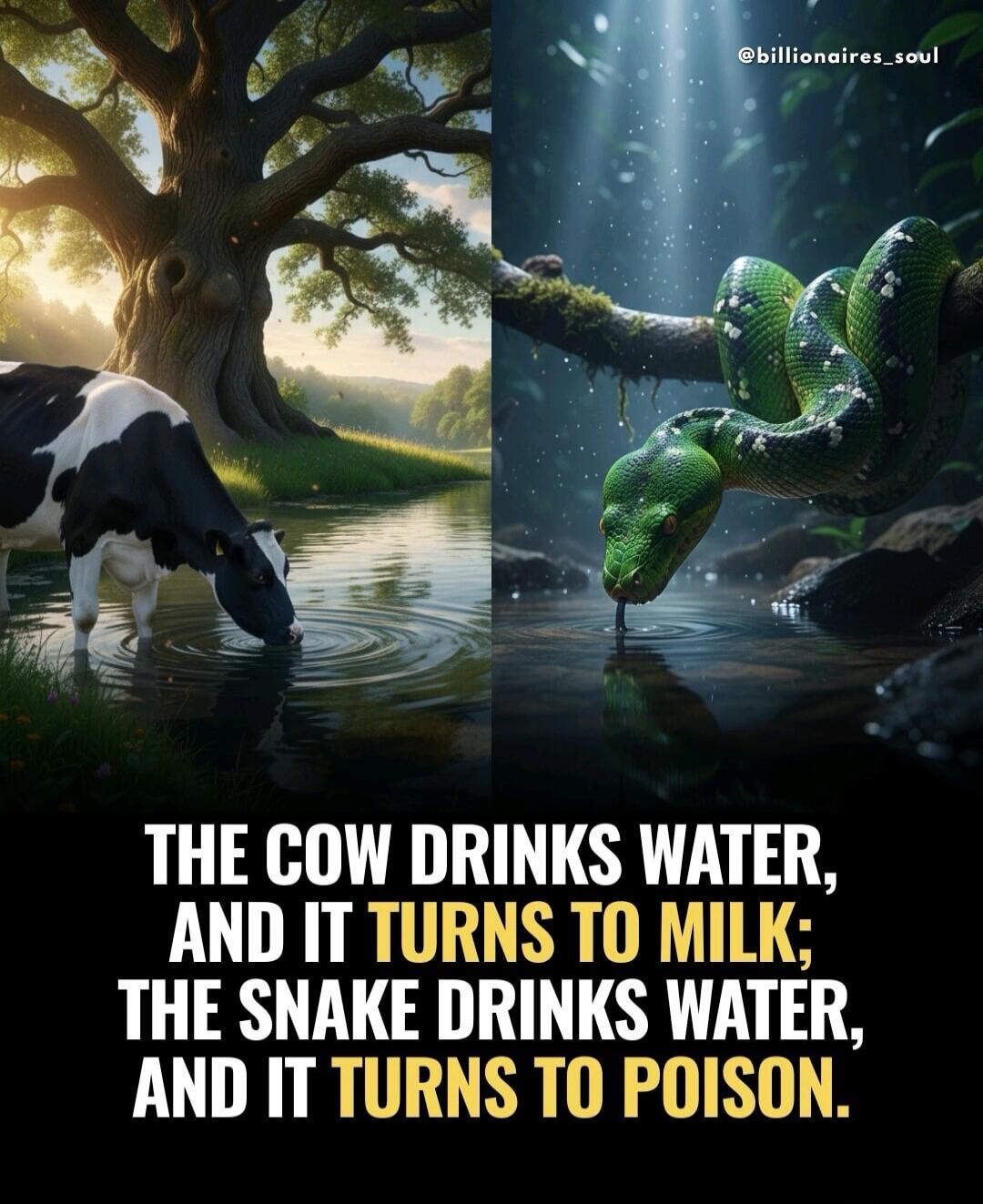 THE COW DRINKS WATER, AND IT TURNS TO MILK; THE SNAKE DRINKS WATER, AND IT TURNS TO POISON.