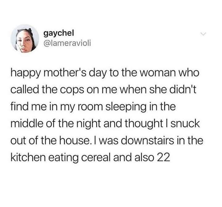 gaychel lameravioli happy mothers day to the woman who called the cops on me when she didnt find me in my room sleeping in the middle of the night and thought snuck out of the house was downstairs in the kitchen eating cereal and also 22