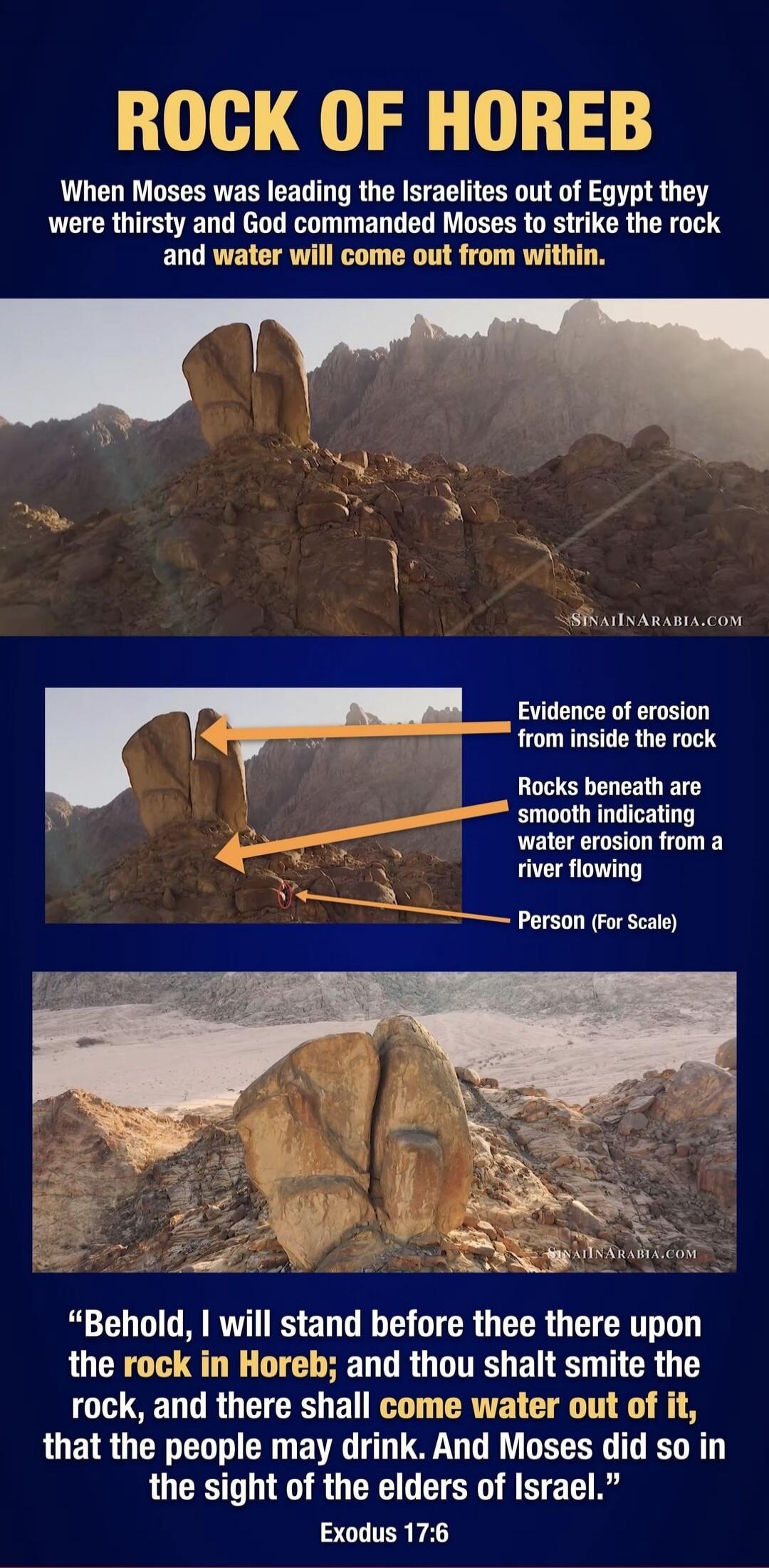ROCK OF HOREB
When Moses was leading the Israelites out of Egypt they were thirsty and God commanded Moses to strike the rock and water will come out from within.

Evidence of erosion from inside the rock
Rocks beneath are smooth indicating water erosion from a river flowing
Person (For Scale)
Behold, I will stand before thee there upon the rock in
