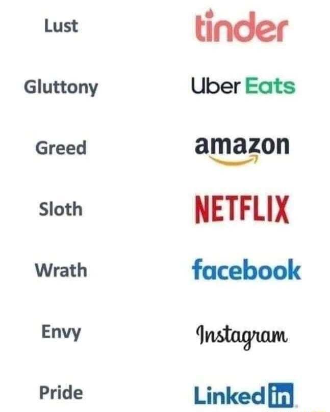 Lust Gluttony Greed Sloth Wrath Envy Pride tinder Uber Eats amazon NETFLIX facebook Instagram Linked fl