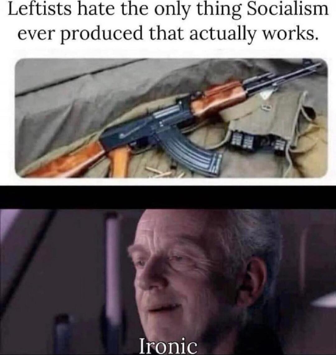 Leftists hate the only thing Socialism ever produced that actually works.
[Image of an AK-style rifle]
Ironic