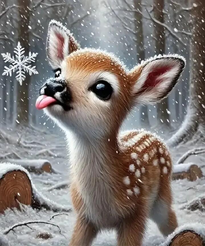 A cute fawn in the snow with its tongue out.
