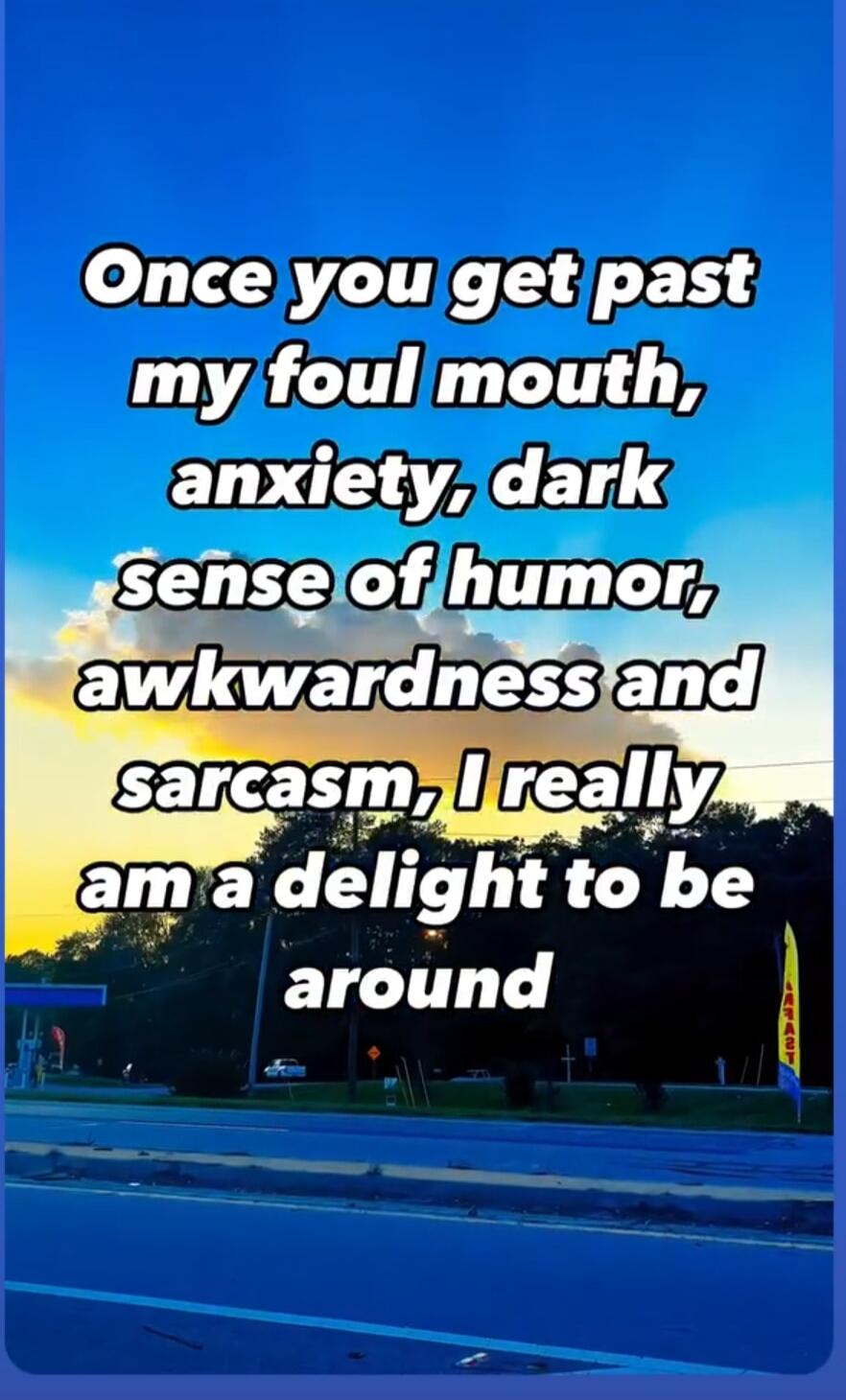 Once you get past my foul mouth, anxiety, dark sense of humor, awkwardness and sarcasm, I really am a delight to be around