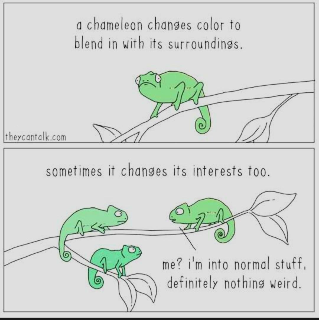 a chameleon changes color to blend in with its surroundings thercantalkcon sometimes it changes its interests too me im into normal stuff definitely nothing weird