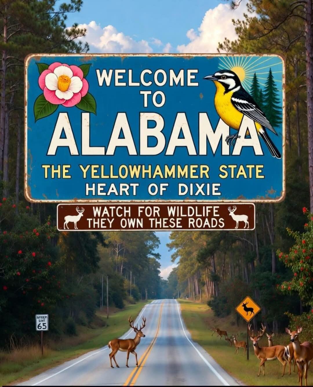 WELCOME TO ALABAMA THE YELLOWHAMMER STATE HEART OF DIXIE WATCH FOR WILDLIFE THEY OWN THESE ROADS SPEED LIMIT 65