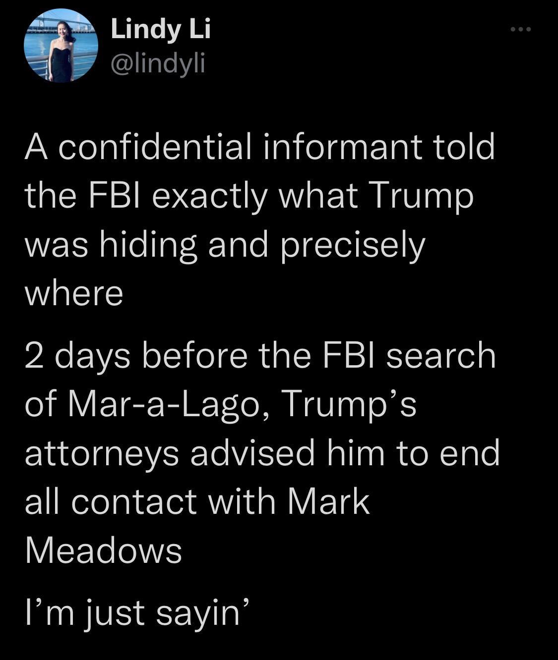 RL AR l A confidential informant told the FBI exactly what Trump WER allellal Tale RolgYoi1 where 2 days before the FBI search of Mar a Lago Trumps attorneys advised him to end all contact with Mark WEET WS Im just sayin