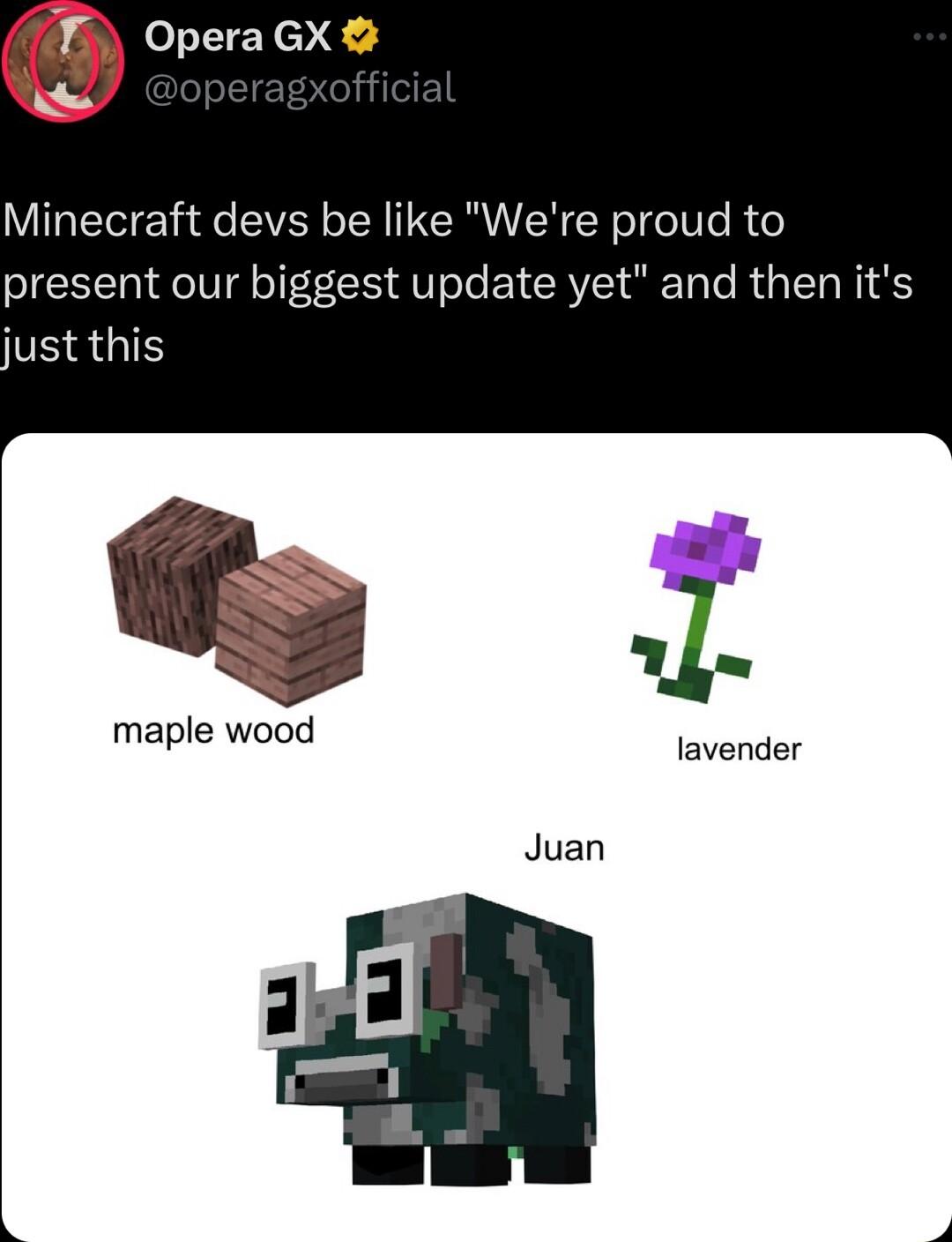 9 IEYcYE Minecraft devs be like Were proud to present our biggest update yet and then its just this mapl6wood lavender Juan