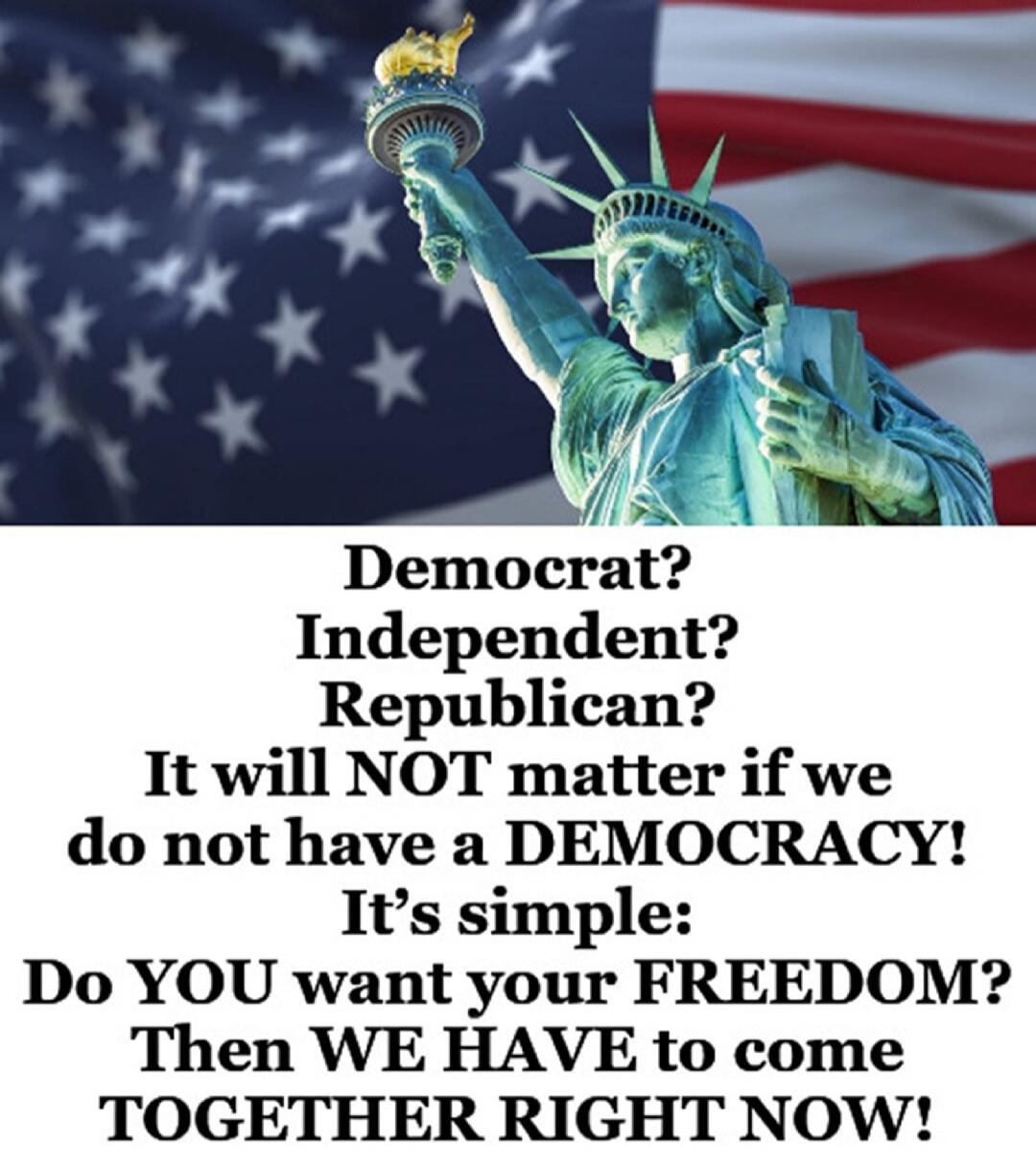 Democrat? Independent? Republican? It will NOT matter if we do not have a DEMOCRACY! It’s simple: Do YOU want your FREEDOM? Then WE HAVE to come TOGETHER RIGHT NOW!