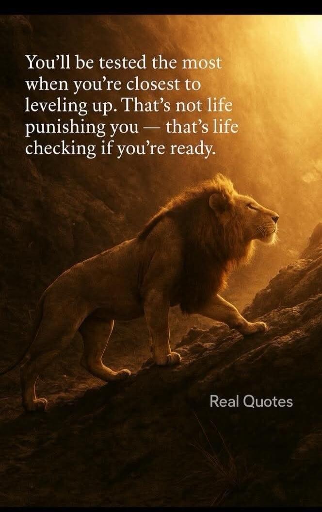 You'll be tested the most when you're closest to leveling up. That's not life punishing you — that's life checking if you're ready. Real Quotes