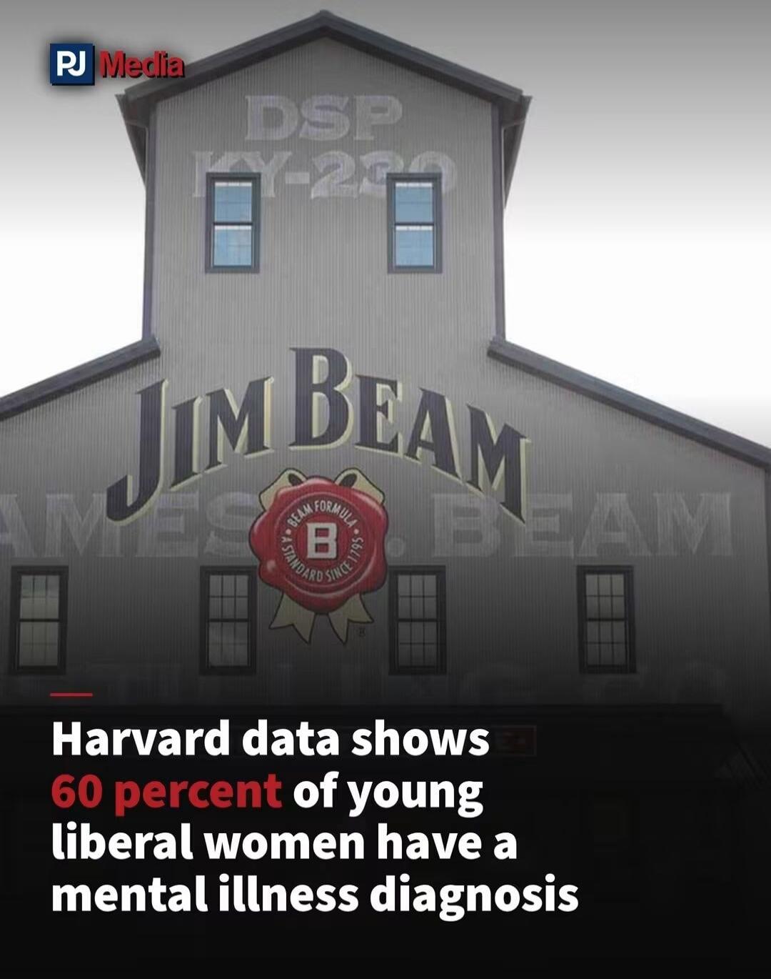 PJ Media DSP KY-230 JIM BEAM BEAM FORMULA B STANDARD SINCE 1795 Harvard data shows 60 percent of young liberal women have a mental illness diagnosis