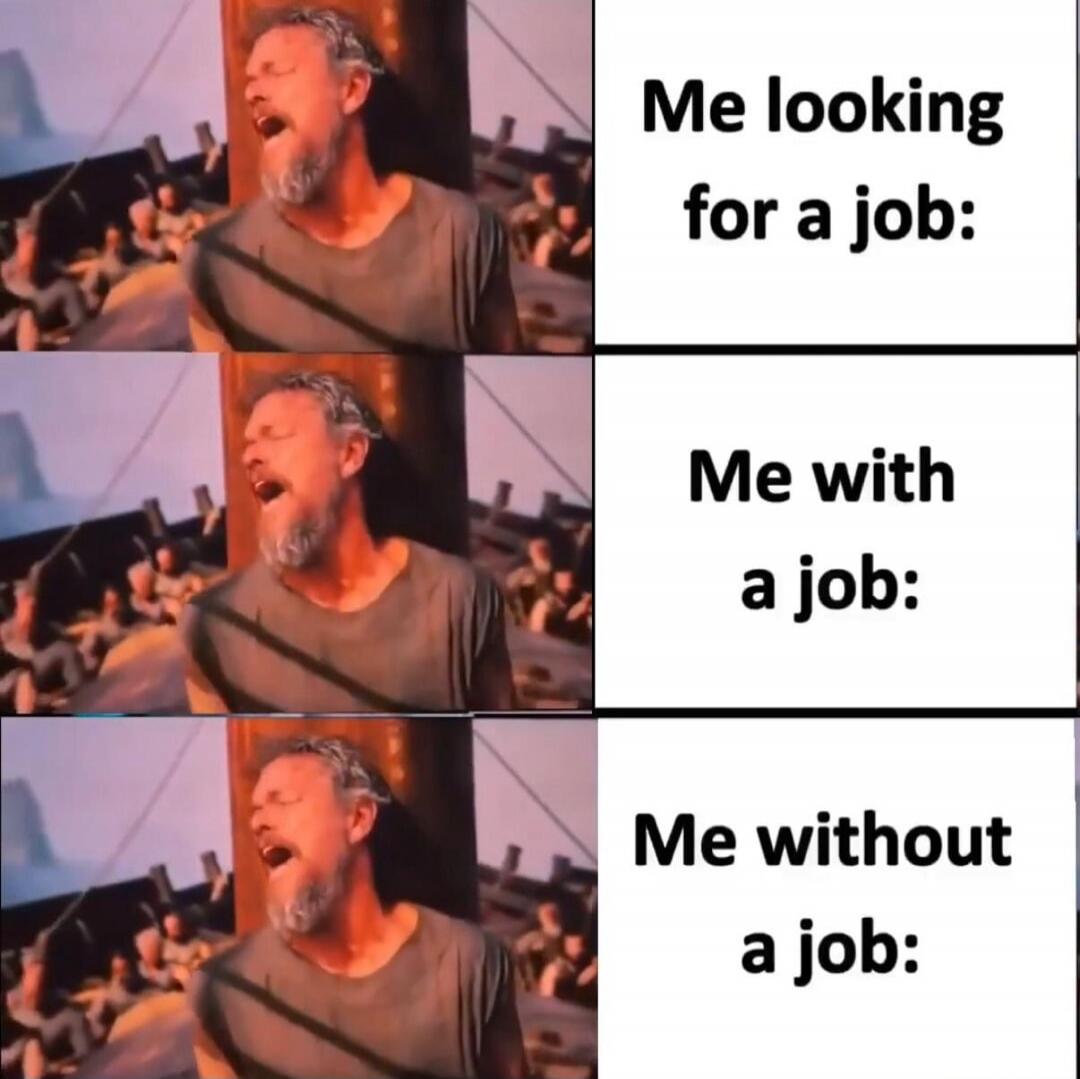 Me looking for a job: Me with a job: Me without a job: A man with a beard, appearing to be rowing a boat with other people in the background, has a strained, open-mouthed expression, repeated in three panels.