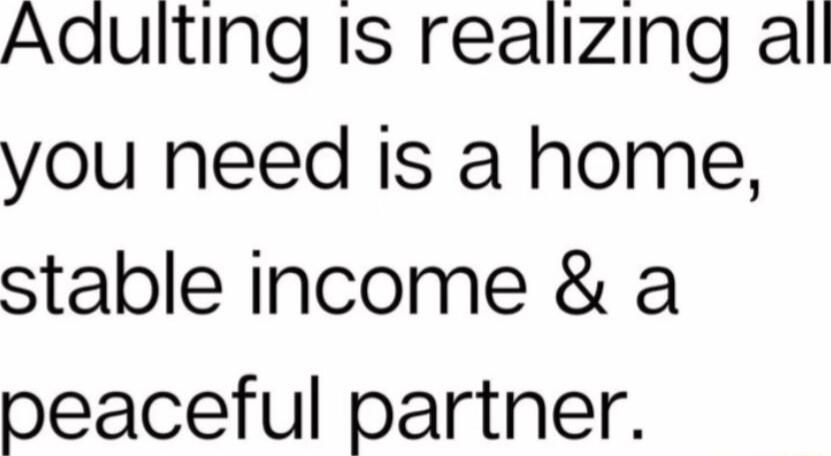 Adulting Is realizing all you heed is a home stable income a peaceful partner