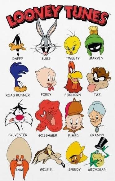 LOONEY TUNES
Daffy
Bugs
Tweety
Marvin
Road Runner
Porky
Foghorn Leghorn
TAZ
Sylvester
Gossamer
Elmer
Granny
Sam
Wile E. Coyote
Speedy
Michigan