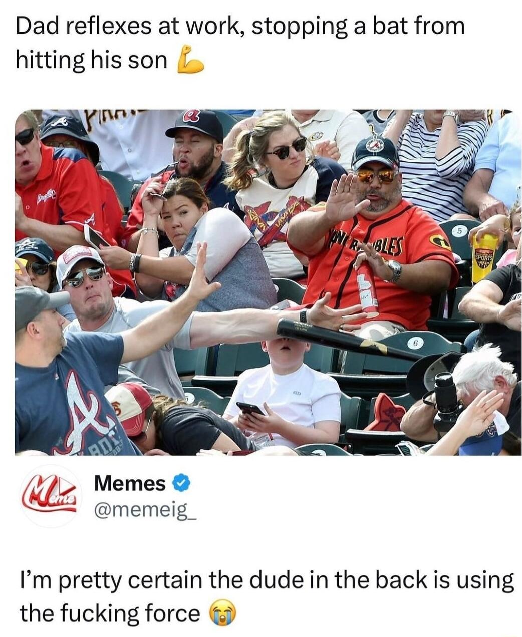 Dad reflexes at work stopping a bat from hitting his son 7 Memes memeig_ Im pretty certain the dude in the back is using the fucking force