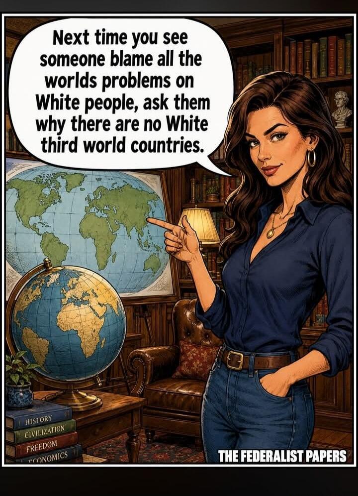 Next time you see someone blame all the worlds problems on White people, ask them why there are no White third world countries. THE FEDERALIST PAPERS HISTORY CIVILIZATION FREEDOM ECONOMICS