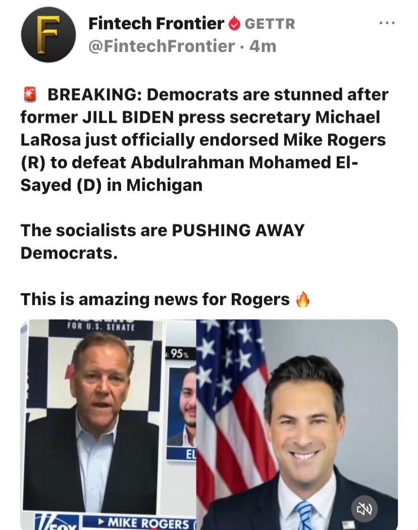 BREAKING: Democrats are stunned after former JILL BIDEN press secretary Michael LaRosa just officially endorsed Mike Rogers (R) to defeat Abdulrahman Mohamed El-Sayed (D) in Michigan. The socialists are PUSHING AWAY Democrats. This is amazing news for Rogers. FOR U.S. SENATE. Mike Rogers.
