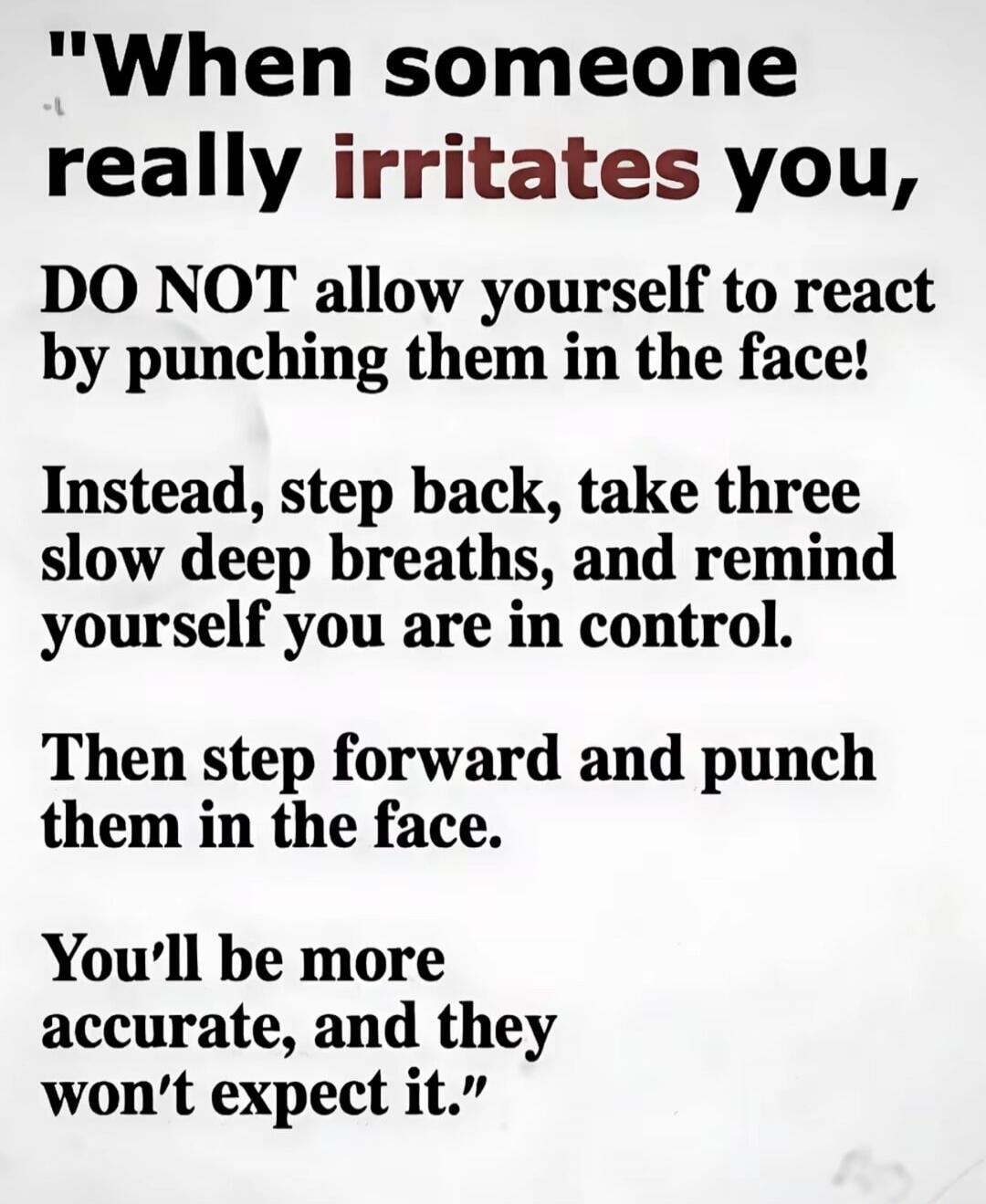 When someone really irritates you, DO NOT allow yourself to react by punching them in the face! Instead, step back, take three slow deep breaths, and remind yourself you are in control. Then step forward and punch them in the face. You'll be more accurate, and they won't expect it.
