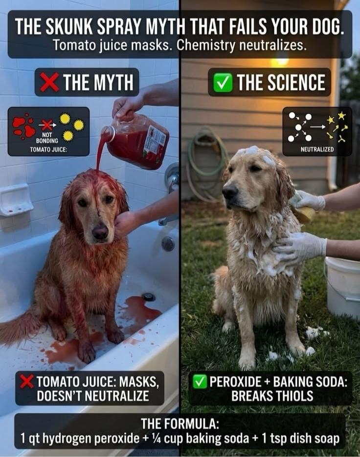 THE SKUNK SPRAY MYTH THAT FAILS YOUR DOG. Tomato juice masks. Chemistry neutralizes. THE MYTH. NOT BONDING TOMATO JUICE. TOMATO JUICE: MASKS, DOESN'T NEUTRALIZE. THE SCIENCE. NEUTRALIZED. PEROXIDE + BAKING SODA: BREAKS THIOLS. THE FORMULA: 1 qt hydrogen peroxide + 1/4 cup baking soda + 1 tsp dish soap