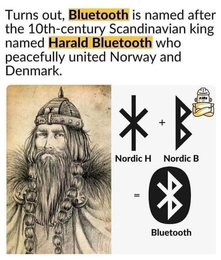 Turns out Bluetooth is named after the 10th century Scandinavian king named Harald Bluetooth who peacefully united Norway and Denmark Bluetooth