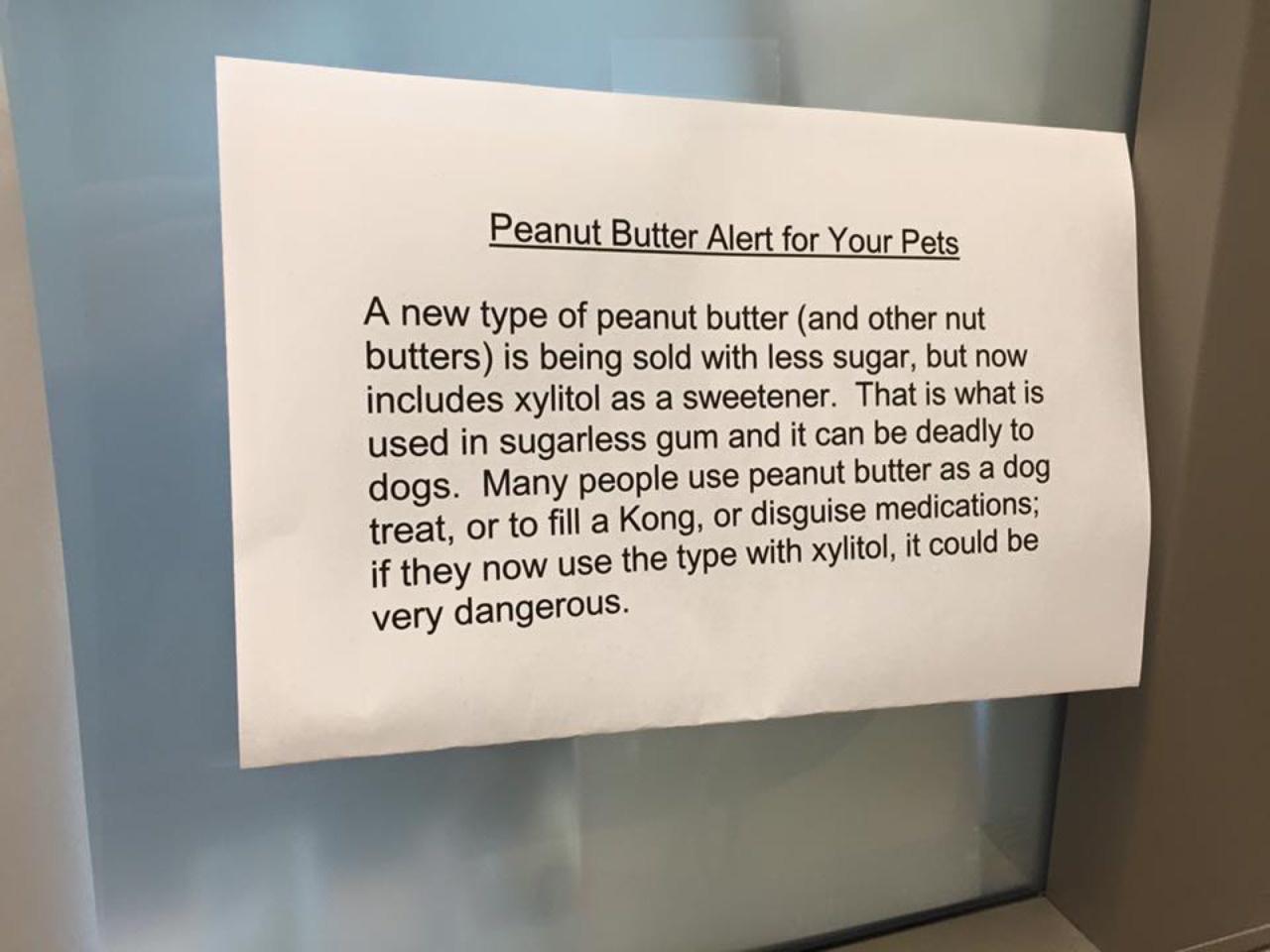 Peanut Butter Alert for Your A new type of peanut buter and other nut buttersis being sold with less sugar but now cludes xyltol as a sweetener That s what s used in sugariess gum and it can be deadly to dogs Many peopl uso peanul bt 53 oy reat or tofil a Kong or disguise medcatns if they now use the type with xyltol tcoud be Very dangerous