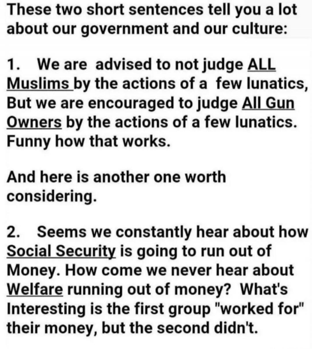 These two short sentences tell you a lot about our government and our culture:

1. We are advised to not judge ALL Muslims by the actions of a few lunatics, But we are encouraged to judge ALL Gun Owners by the actions of a few lunatics. Funny how that works.

And here is another one worth considering.

2. Seems we constantly hear about how Social S