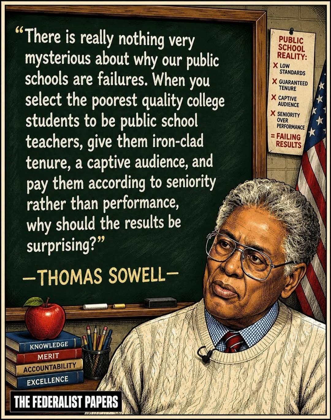 There is really nothing very mysterious about why our public schools are failures. When you select the poorest quality college students to be public school teachers, give them iron-clad tenure, a captive audience, and pay them according to seniority rather than performance, why should the results be surprising? - Thomas Sowell. PUBLIC SCHOOL REALIT