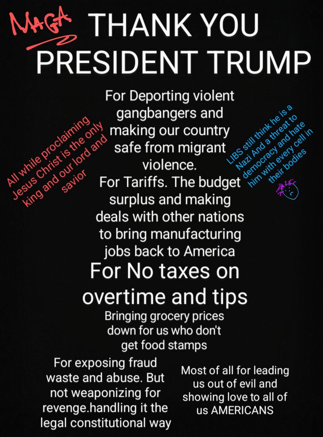 THANK YOU PRESIDENT TRUMP
For Deporting violent gangbangers and making our country safe from migrant violence.
For Tariffs. The budget surplus and making deals with other nations to bring manufacturing jobs back to America
For No taxes on overtime and tips
Bringing grocery prices down for us who don’t get food stamps
For exposing fraud waste and ab