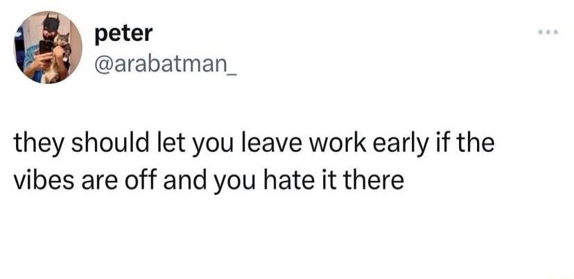 peter arabatman_ they should let you leave work early if the vibes are off and you hate it there