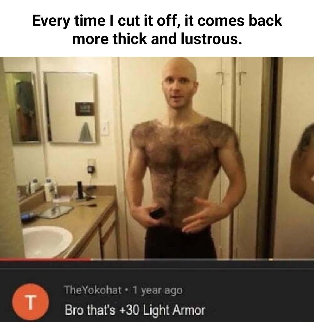 Every time I cut it off it comes back more thick and lustrous heYokohat 1 year ago i Bro thats 30 Light Armor