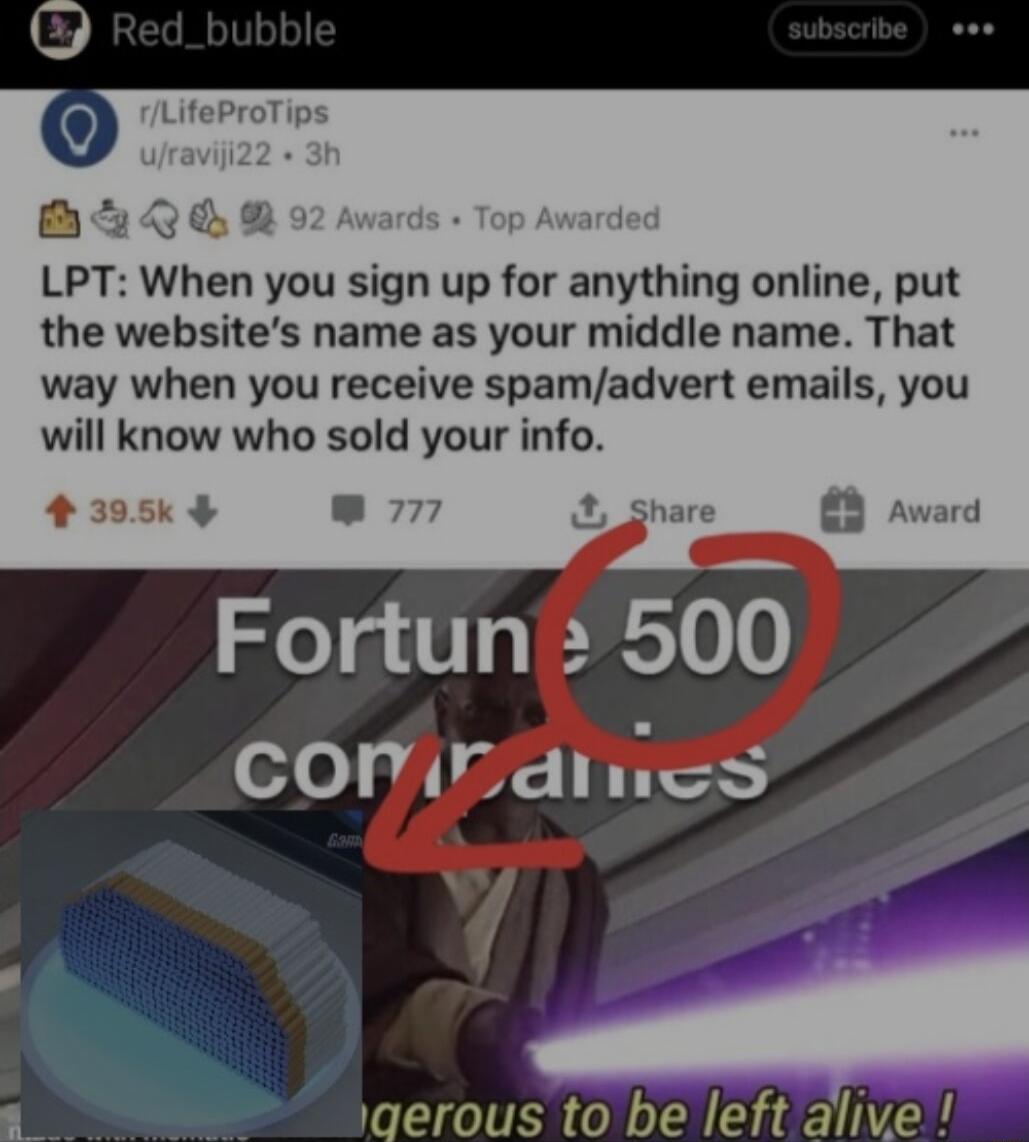 LPT When you sign up or anything online put the websites name as your middle name That way when you receive spamadvert emails you will know who sold your info 305k 77 Share Award